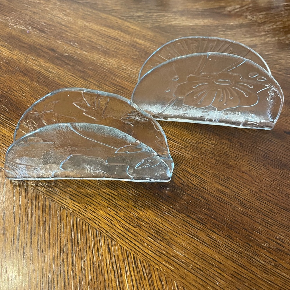 Two Handblown Clear Floral Glass Napkin Holders